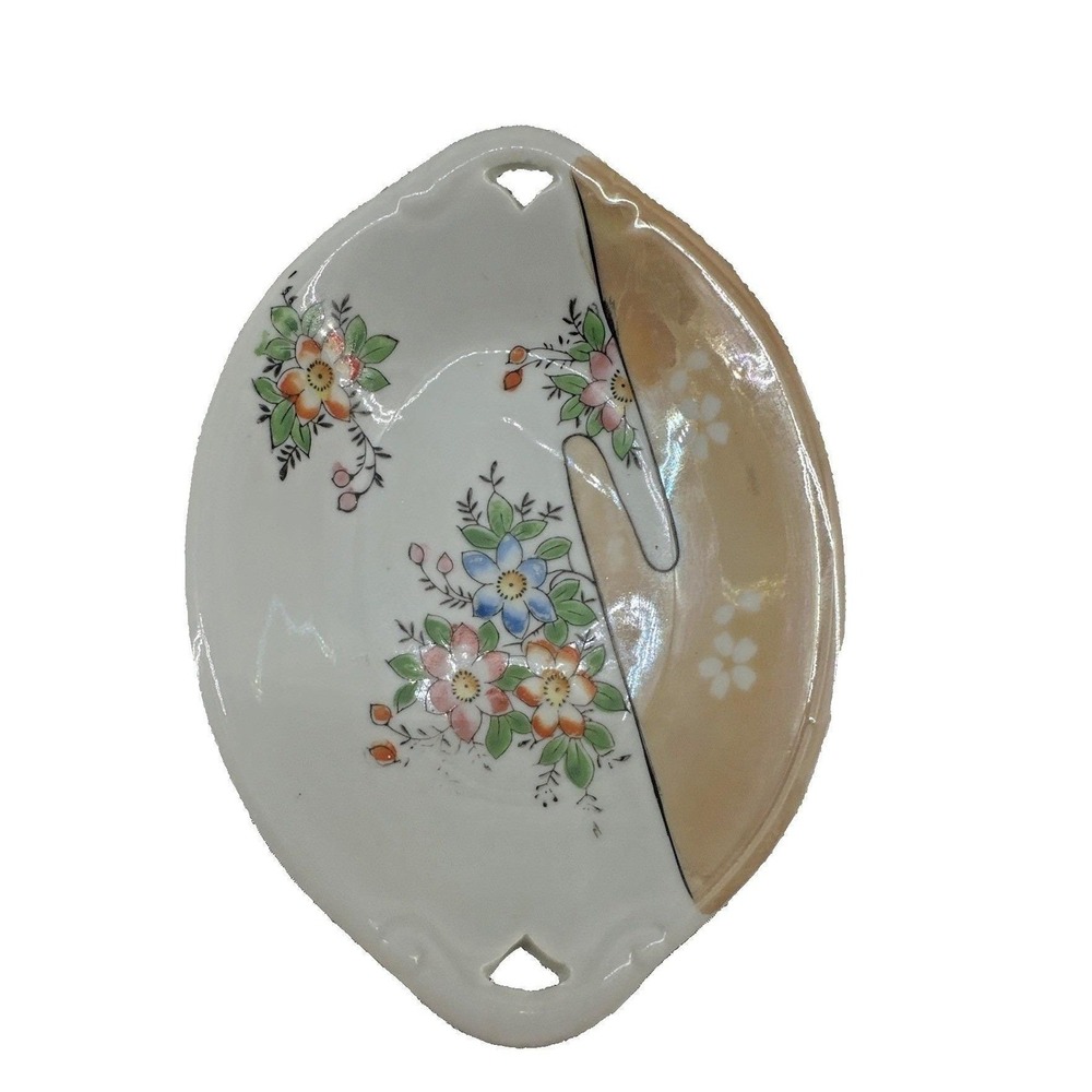 Vintage Made in Japan Hand Painted Floral Lusterware Porcelain Trinket Dish 7in‎